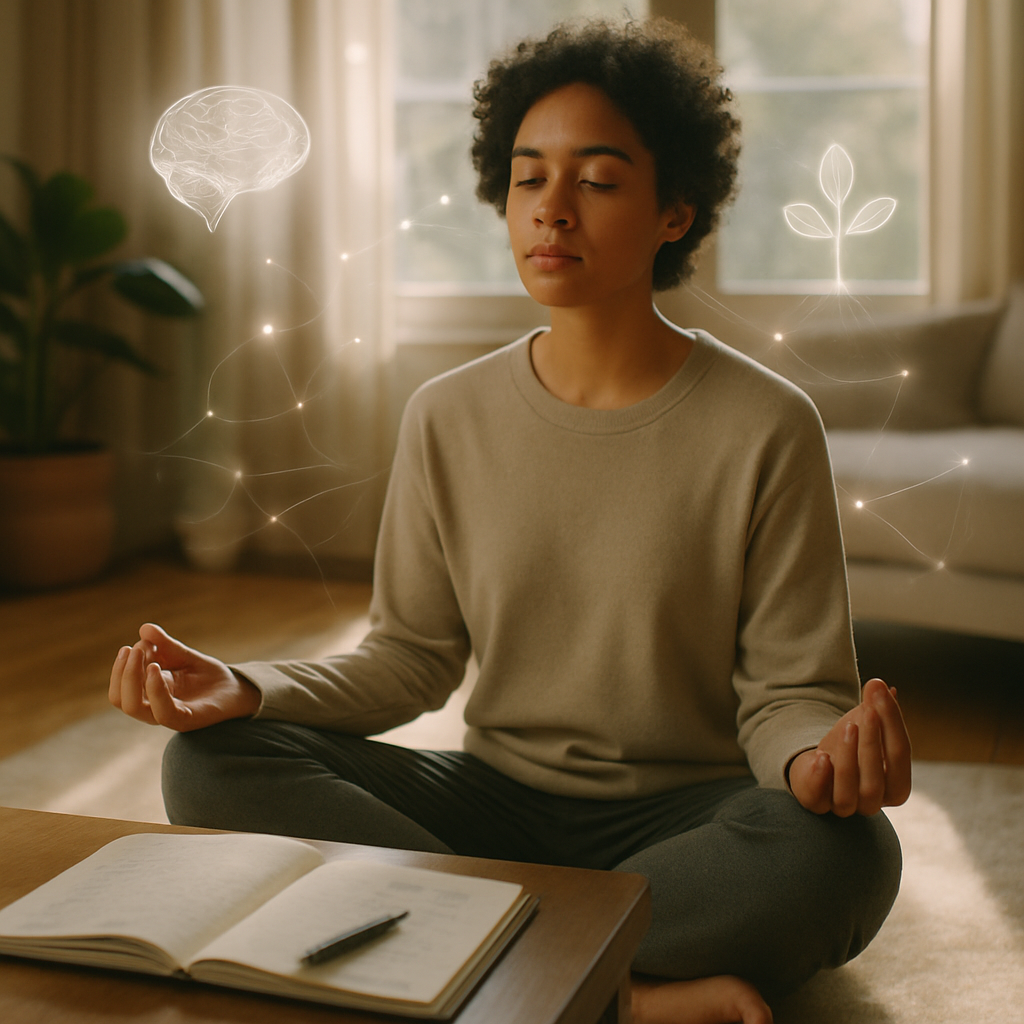 Person practicing mindfulness outdoors at sunrise